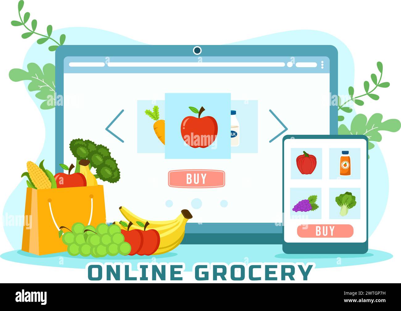 Online Grocery Store Vector Illustration with Food Product Shelves, Racks Dairy, Fruits and Drinks for Shopping Order via Telephone in Background Stock Vector