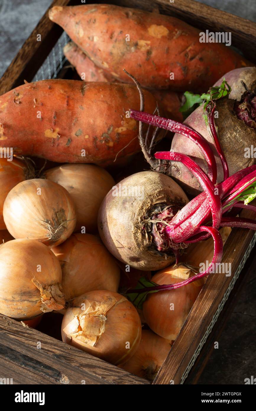Vegetables, sweet potato onions and beetroot, in a wood and wire crate ...
