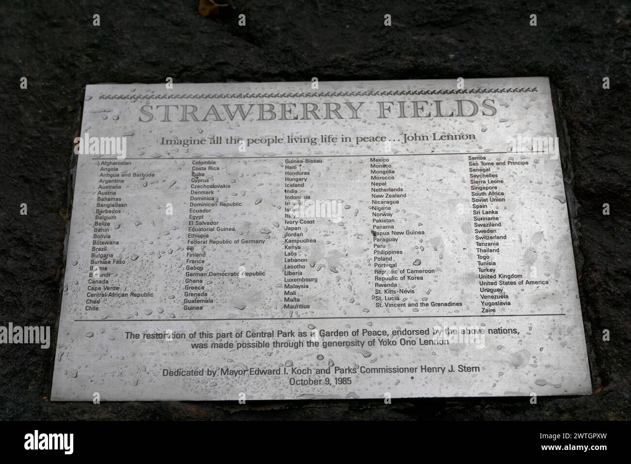 Central Park, Memorial plaque for Strawberry Fields in Central Park, dedicated to John Lennon, Manhattan, New York City, New York, USA, North America Stock Photo