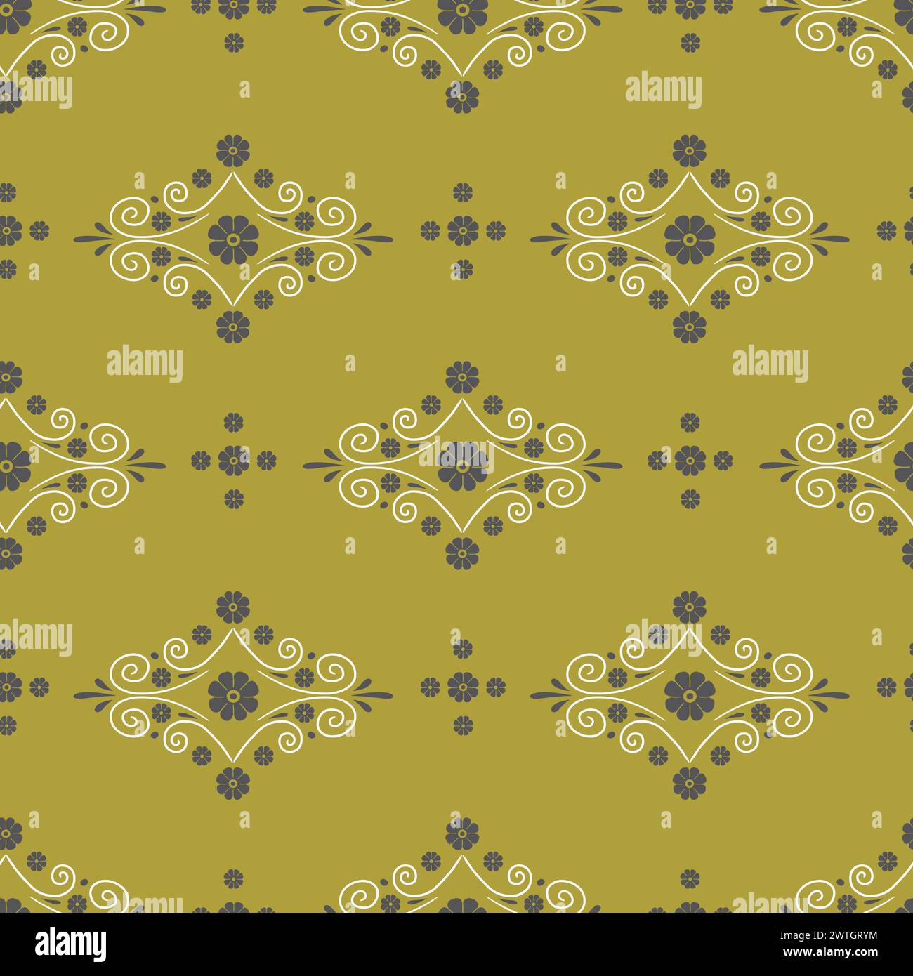 Seamless pattern with white swirls and small flowers on golden ...
