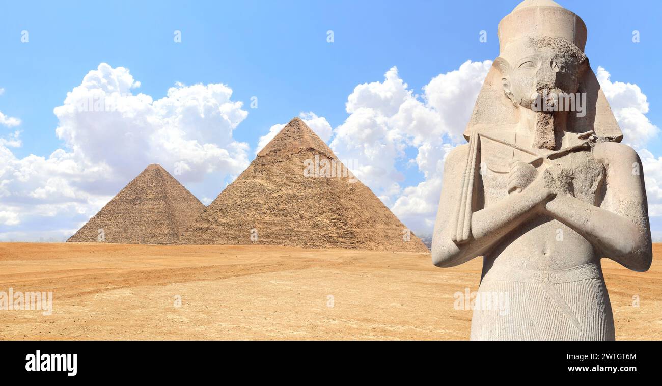 Horizontal banner with Stone pharaoh statue and famous Great Pyramids of Chephren and Cheops, Cairo, Egypt. Two Great Pyramids and ancient Ramses II s Stock Photo