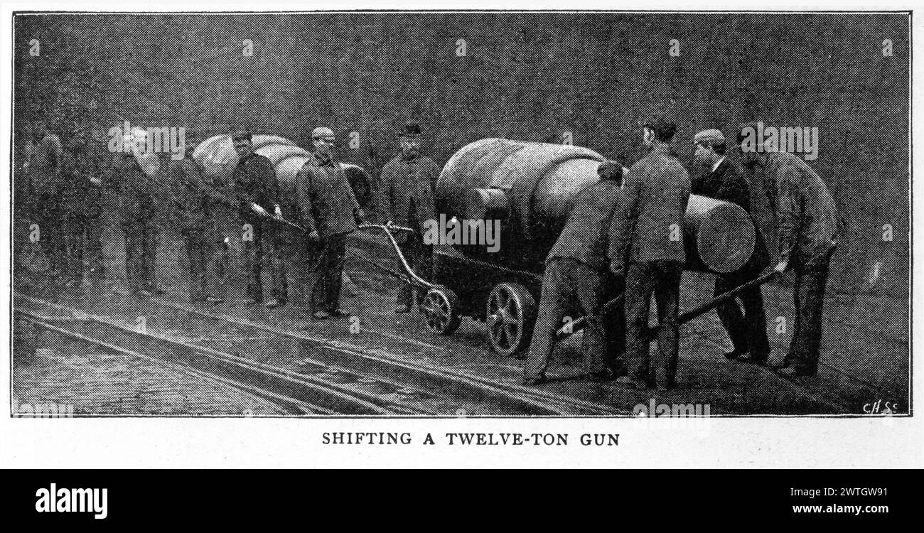 Shifting a 12 ton gun  at the Royal Arsenal, Woolwich in south-east London, England, that was used for the manufacture of armaments and ammunition, proofing, and explosives research for the British armed forces.  Published circa 1896. Stock Photo