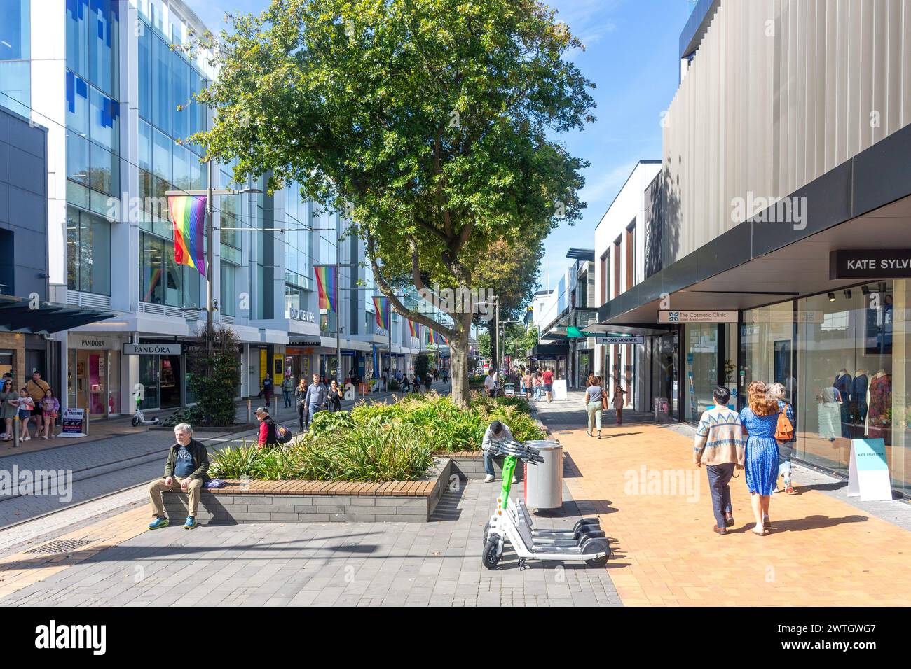 Electric scooters shops shopping pedestrianised street scene cas hires