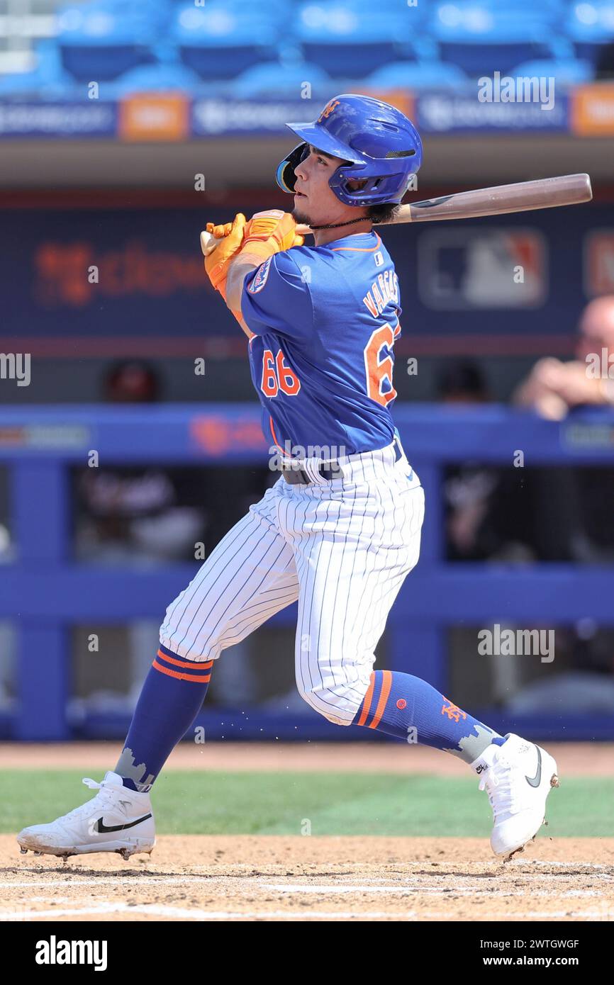 Port St Lucie, FL: New York Mets second baseman Marco Vargas (66) flies ...