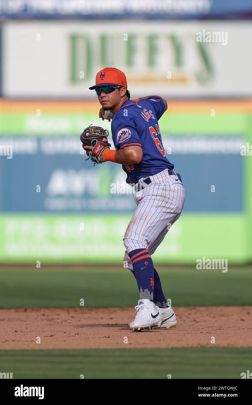 Port St Lucie, FL: during an MLB spring training game on March 15, 2024 at Clover Park.  The Mets prospects beat the Nationals prospects 4-2. (Kim Huk Stock Photo