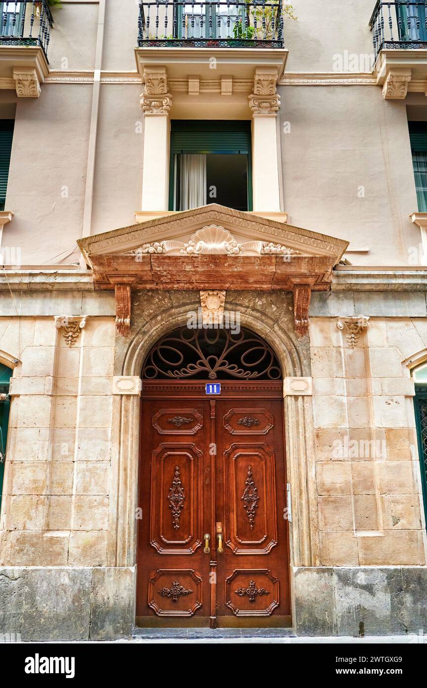 Detail of facade and wooden door at old town, Bilbao, Bizkaia, Basque Country, Euskadi, Euskal Herria, Spain, Europe Stock Photo