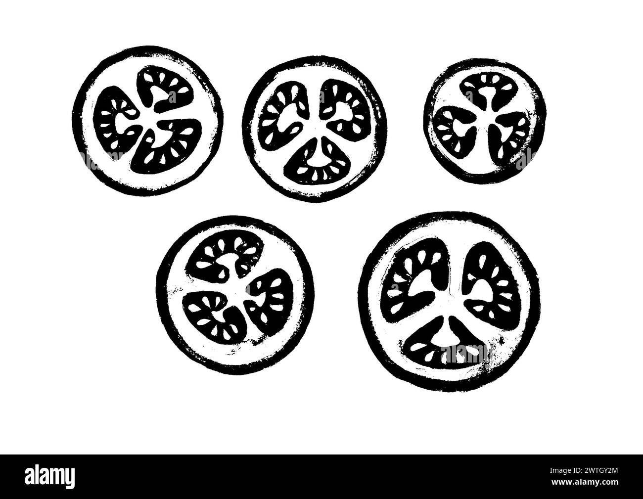 A set of slices of tomatoes cut into rings. In black color. Isolated on white background. Different in size. Stylized illustrations. Have a print texture. Printmaking style. Stock Photo