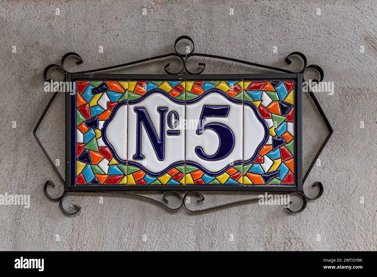 Number 5, five, house number decorative ceramic tile digit Stock Photo