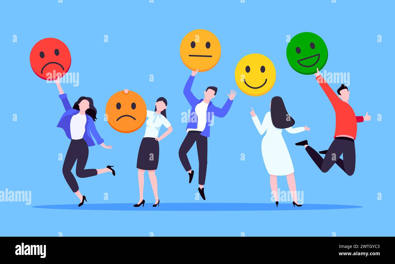 Employee happiness and work attitude feedback business concept flat style vector illustration. Business people with various feedback emoticons. Workin Stock Vector