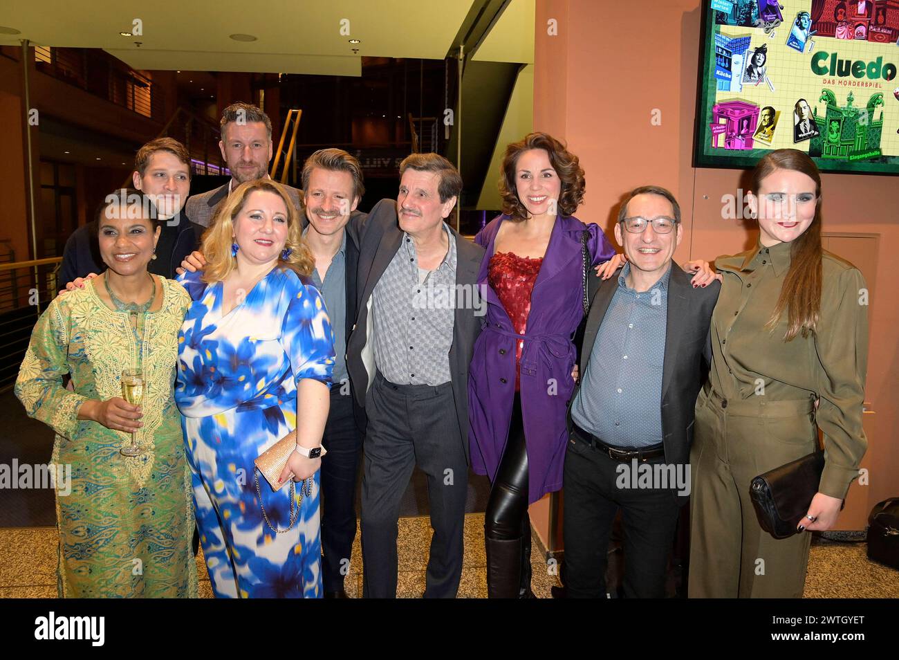 Adisat Semenitsch, Matthias Britschgi, Christopher Tölle, Mackie Heilmann, Max von Pufendorf, Jörg Seyer, Sophie Berner, Boris Aljinovic und Johanna Asch bei der Premiere des Theaterstücks Cluedo - Das Mörderspiel in der Komödie am Kurfürstendamm im Theater am Potsdamer Platz. Berlin, 17.03.2024 *** Adisat Semenitsch, Matthias Britschgi, Christopher Tölle, Mackie Heilmann, Max von Pufendorf, Jörg Seyer, Sophie Berner, Boris Aljinovic and Johanna Asch at the premiere of the play Cluedo Das Mörderspiel at the Komödie am Kurfürstendamm in the Theater am Potsdamer Platz Berlin, 17 03 2024 Foto:xF. Stock Photo