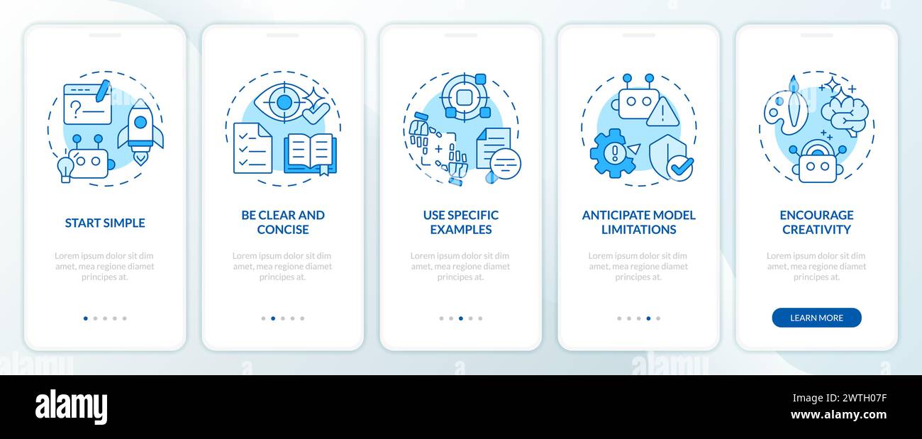 Designing prompt steps blue onboarding mobile app screen Stock Vector ...