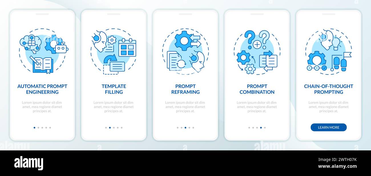 Prompt engineering techniques blue onboarding mobile app screen Stock Vector