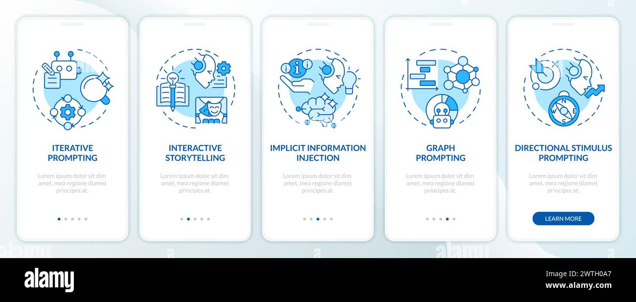 Prompt engineering strategies blue onboarding mobile app screen Stock Vector