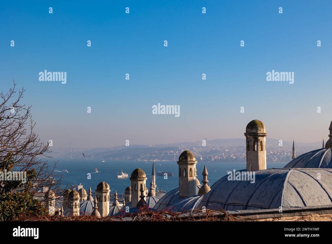 Istanbul view from Suleymaniye Mosque's garden. Bosphorus and anatolian side of Istanbul on the background. Stock Photo