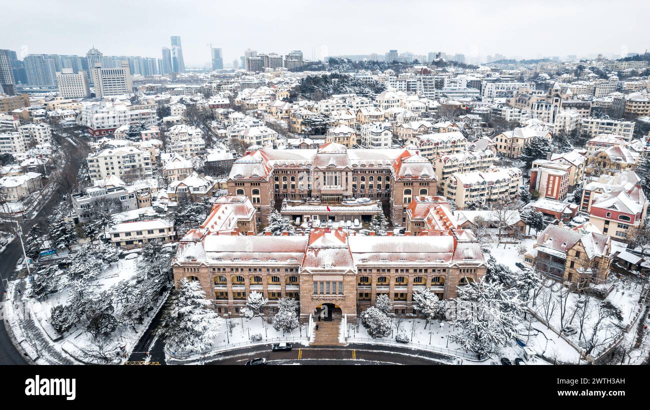 An Aerial shot of Qingdao City Snow Scene in Winter, China Stock Photo ...