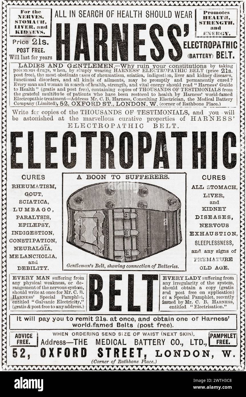 1930's advertisement for the Harness' Electropathic Belt.  Cures almost everything.  From The London Illustrated News, published March 26, 1887. Stock Photo