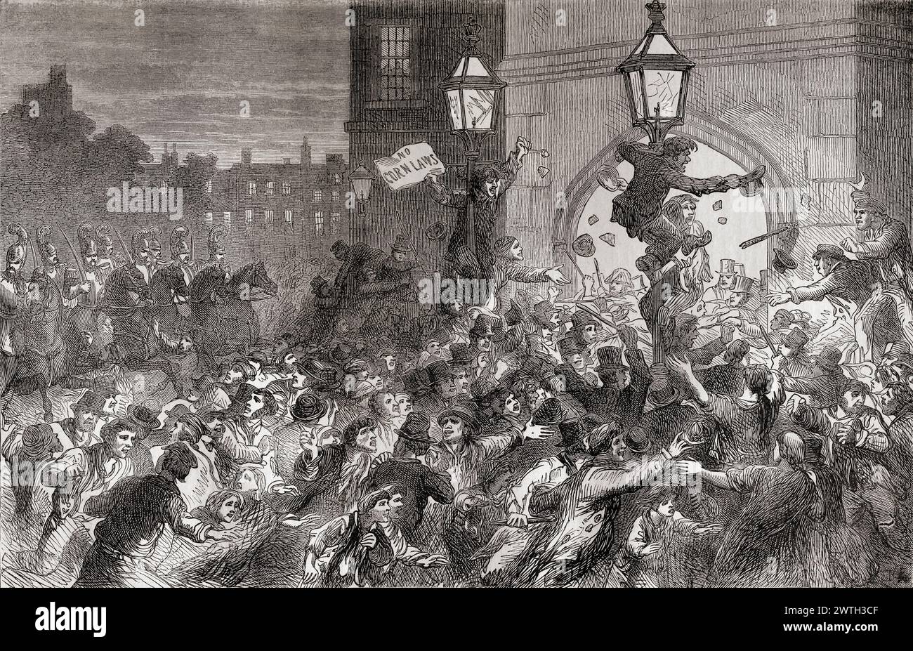 Bread riot at the entrance to the House of Commons, London, England, 1815.  Public uprising against the Bread riot at the entrance to the House of Commons, London, England, 1815.  Public uprising against the Corn Laws which  were taxes on imported grain introduced in 1815.  From Cassell's Illustrated History of England. Stock Photo