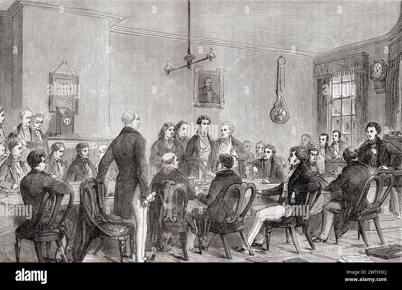 Meeting of the Anti-Corn Law League in Newall's Buildings, Manchester, 19th century.  The Corn Laws  were taxes on imported grain introduced in 1815, the League was responsible for turning public and elite opinion against the laws.  From Cassell's Illustrated History of England. Stock Photo