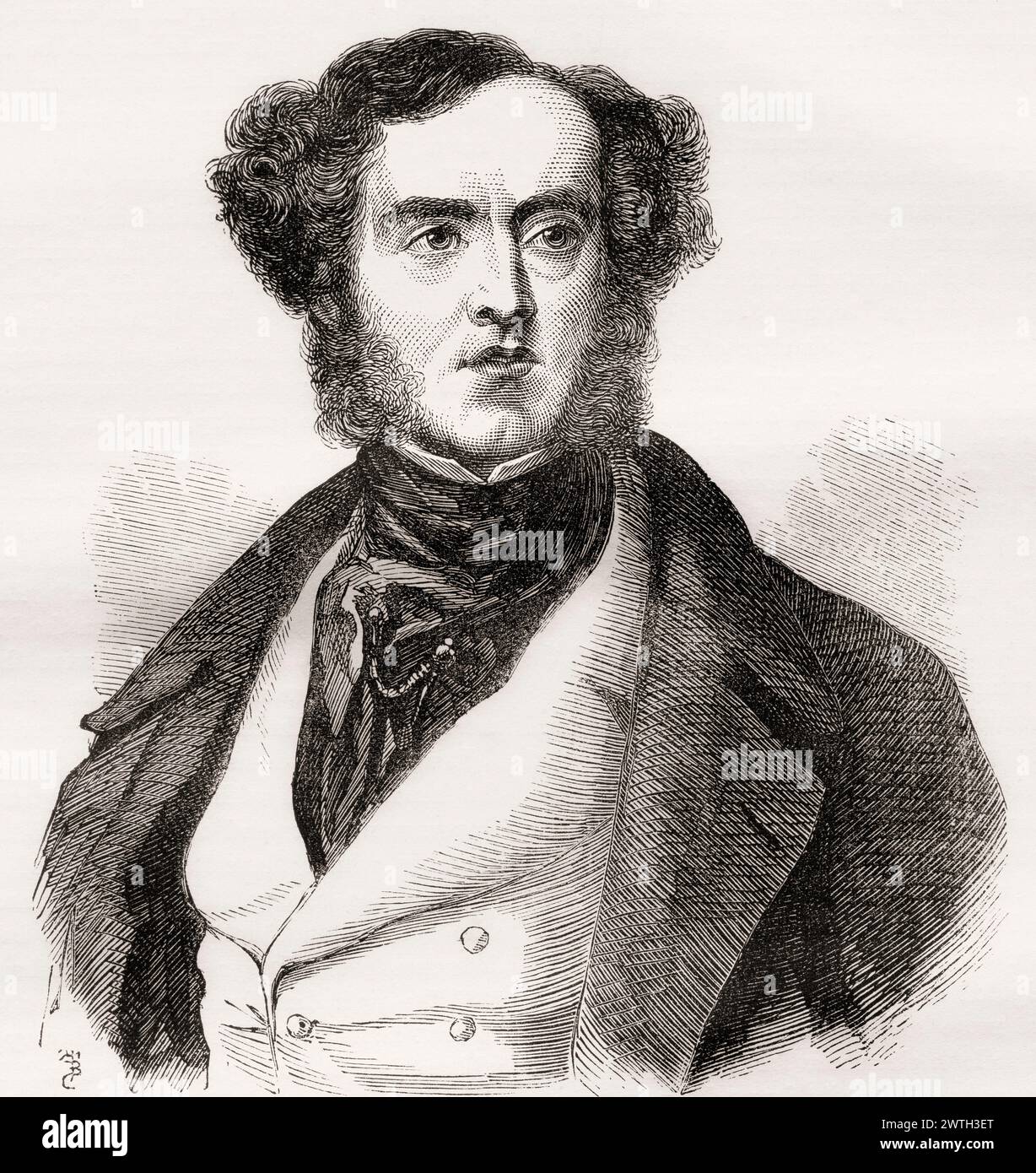 Lord William George Frederick Cavendish-Scott-Bentinck, 1802 – 1848, aka Lord George Bentinck.  English Conservative politician and racehorse owner noted for his role, with Benjamin Disraeli,  in unseating Sir Robert Peel over the Corn Laws.  From Cassell's Illustrated History of England. Stock Photo
