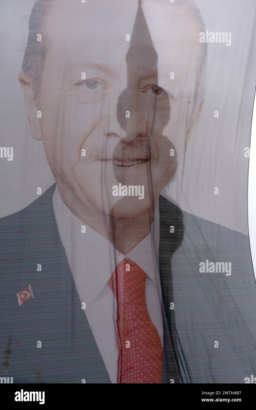 Istanbul, Turkey. 15th March 2024 Local election banner of the Turkish President Recep Tayyip Erdogan of the ruling AKP during campaigning for local e Stock Photo