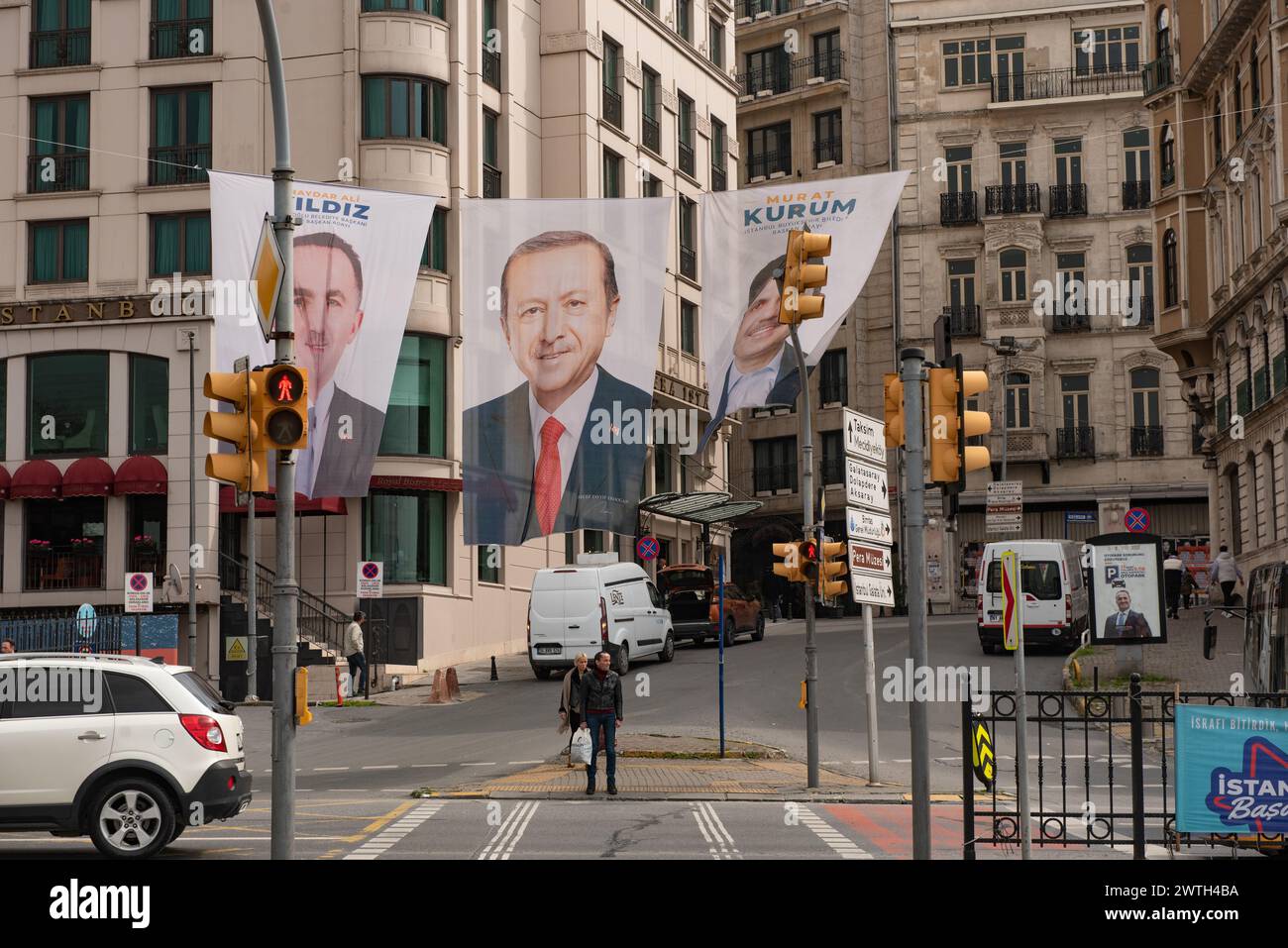 Istanbul, Turkey. 16th March 2024 Local election banners of the Turkish President Recep Tayyip Erdogan of the ruling AKP during campaigning for local Stock Photo