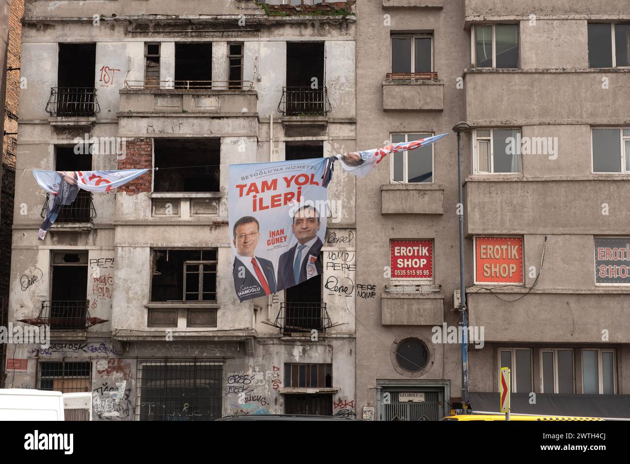 Local municipality election posters for candidates Ekrem Imamoglu and Inan Guney representing the Turkish Republican People's Party or CHP hanging out Stock Photo