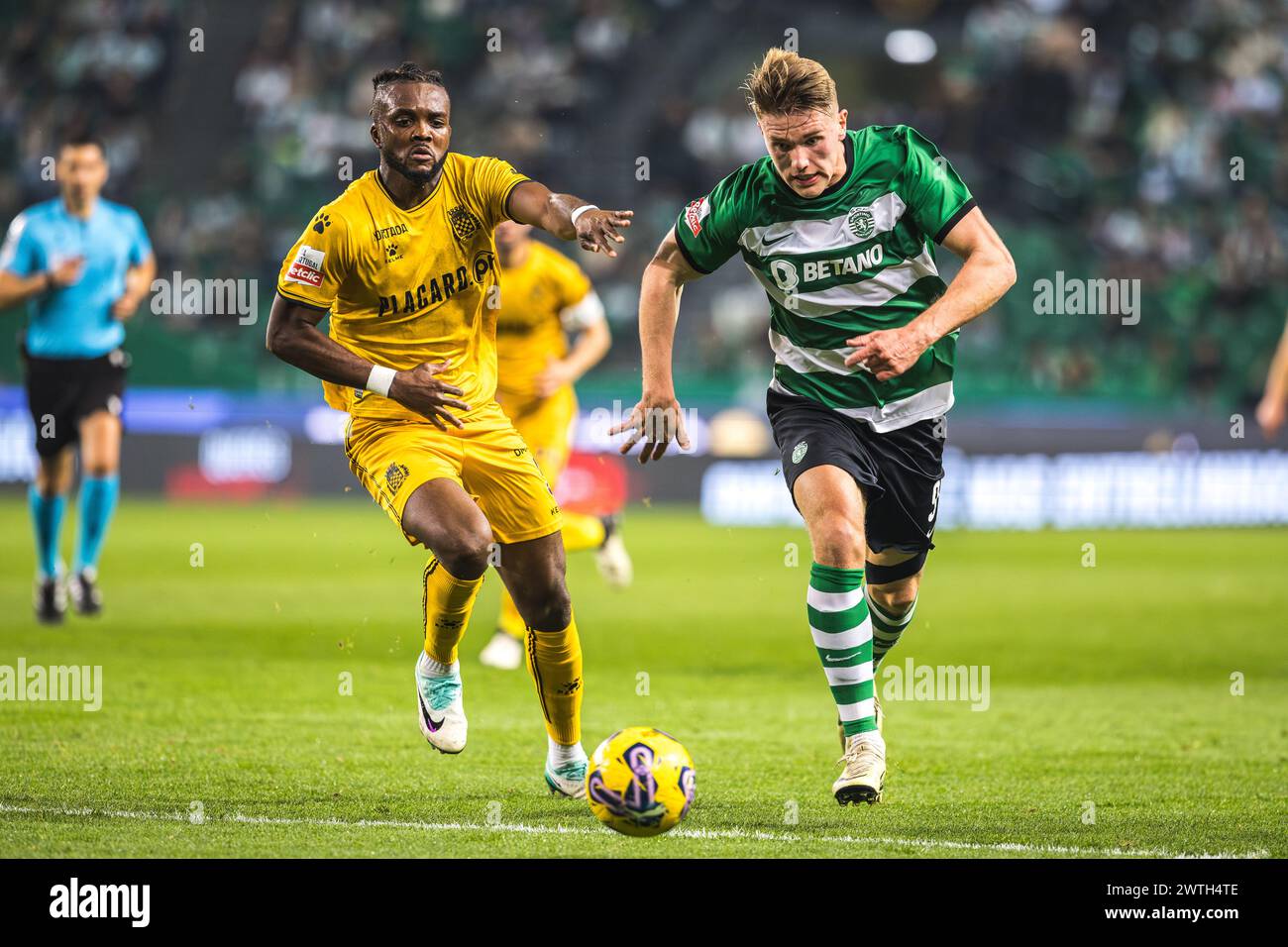 Lisbon, Portugal. 17th Mar, 2024. Viktor Gyokeres of Sporting CP (R) with Chidozie Awaziem of Boavista FC (L) in action during the Liga Portugal Betclic match between Sporting CP and Boavista FC at Estadio Jose Alvalade. (Final score: Sporting CP 6 - 1 Boavista FC) Credit: SOPA Images Limited/Alamy Live News Stock Photo