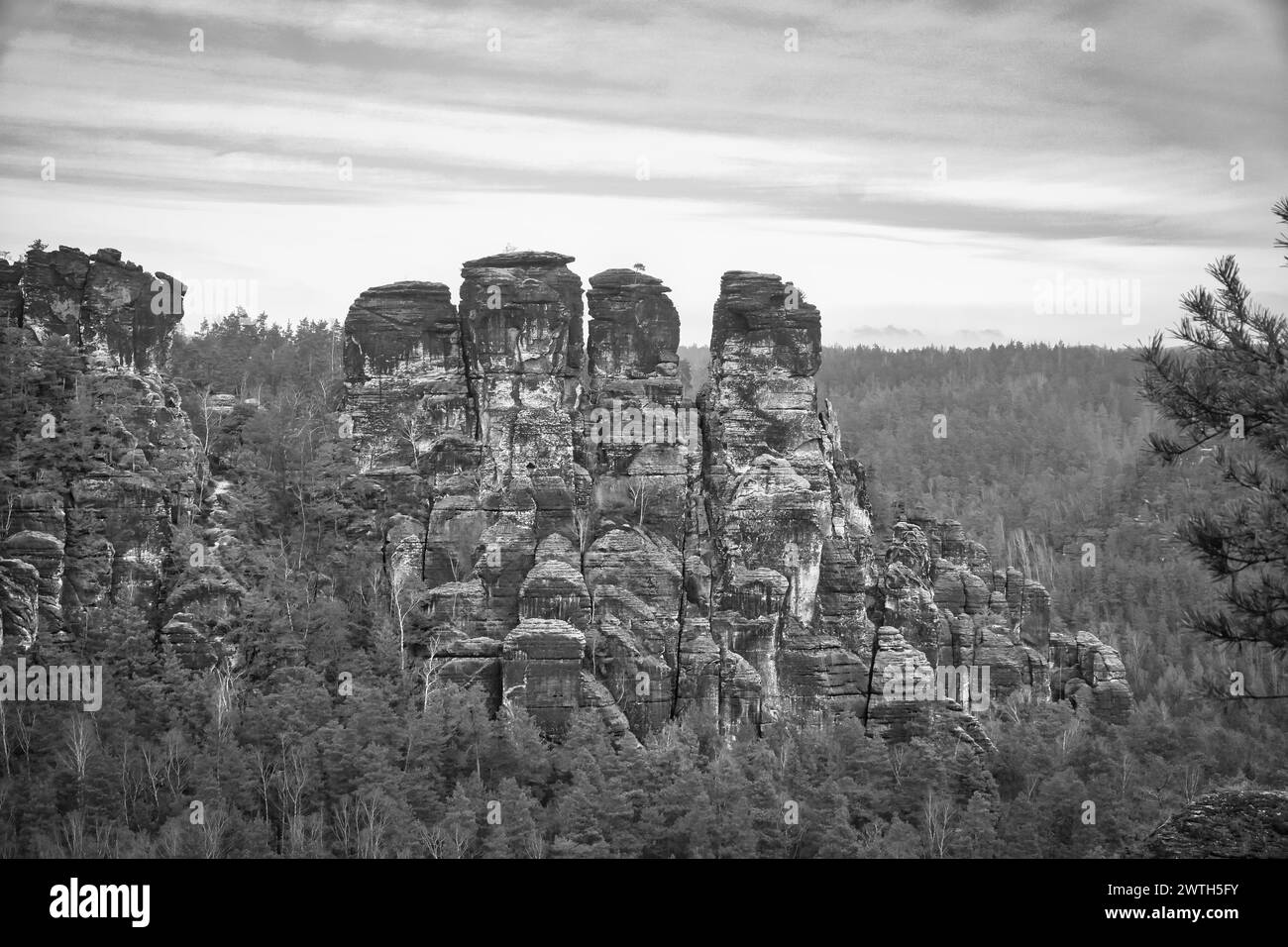 Jagged rocks on the Basteibridge in black and white. Wide view over trees and mountains. National park in Germany Stock Photo