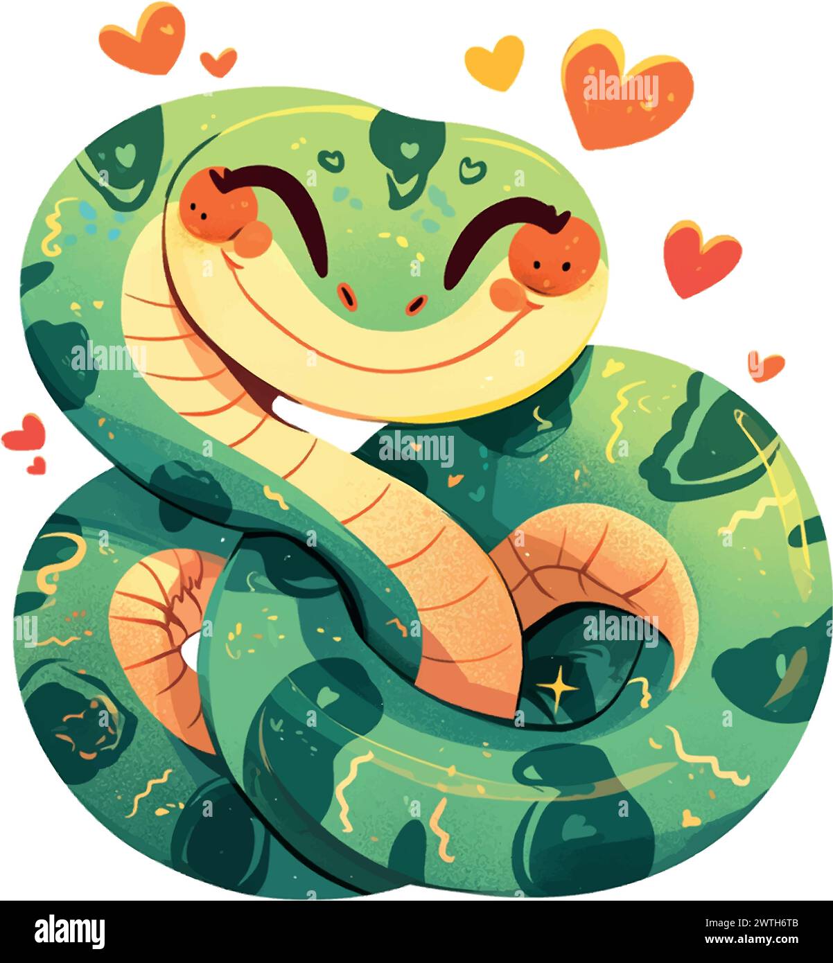 A green snake with a heart on its head and a heart on its tail. The snake is smiling and surrounded by hearts Stock Vector
