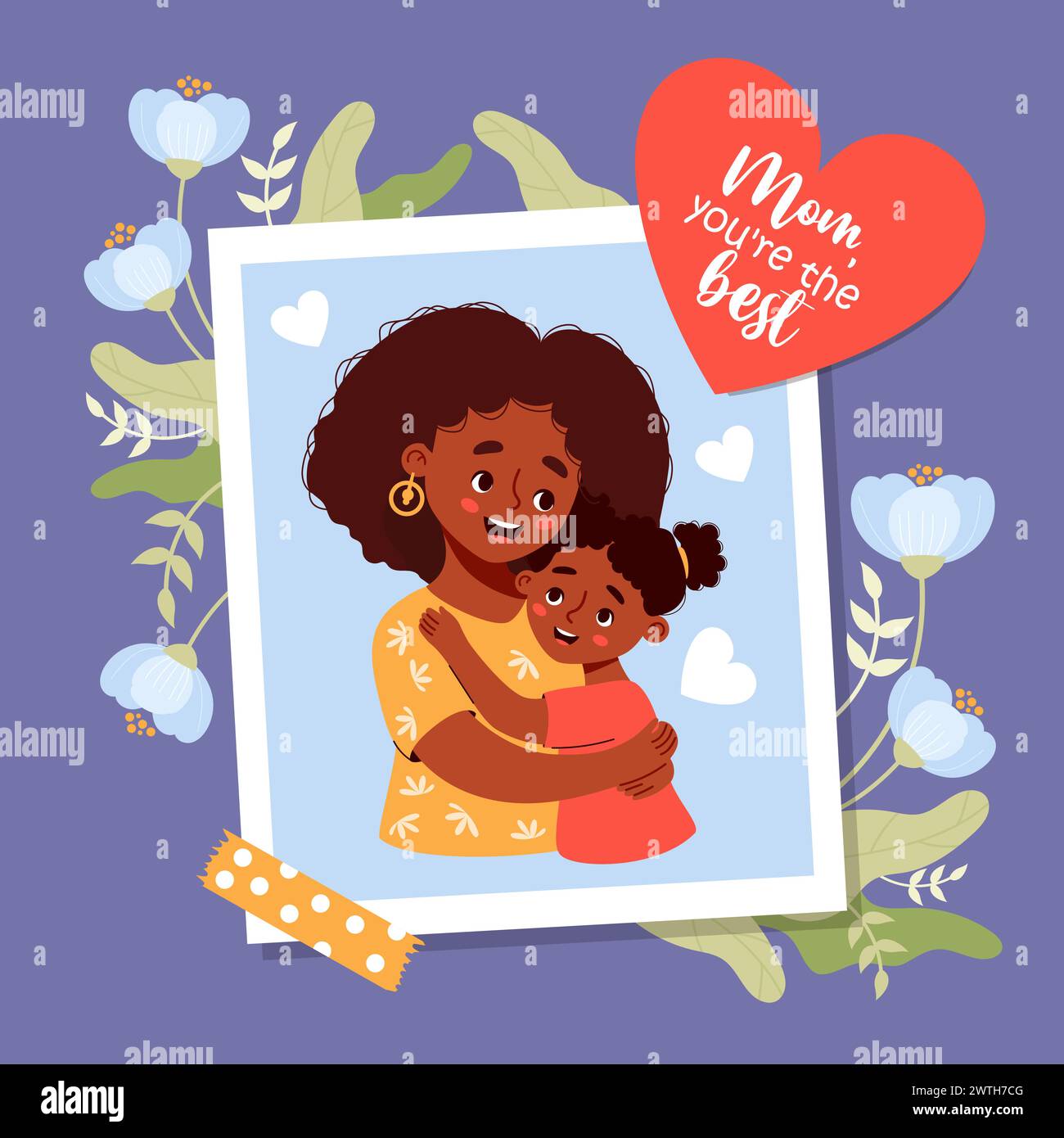 Cute photograph from happy ethnic black woman mother with her daughter with flowers. Mother's holiday confession and congratulations. Vector illustrat Stock Vector
