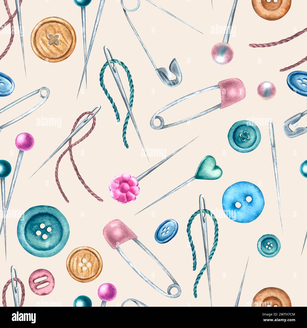 Watercolor pattern on a colored background with buttons, needles ...