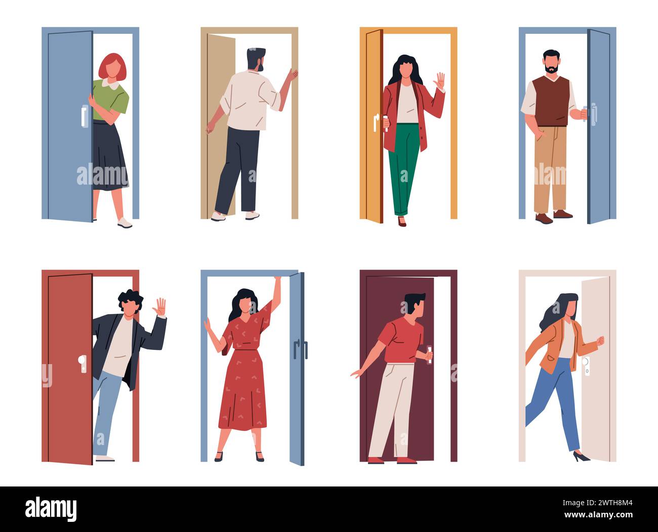 People with doors. Entering and exiting house, visitors use doorways