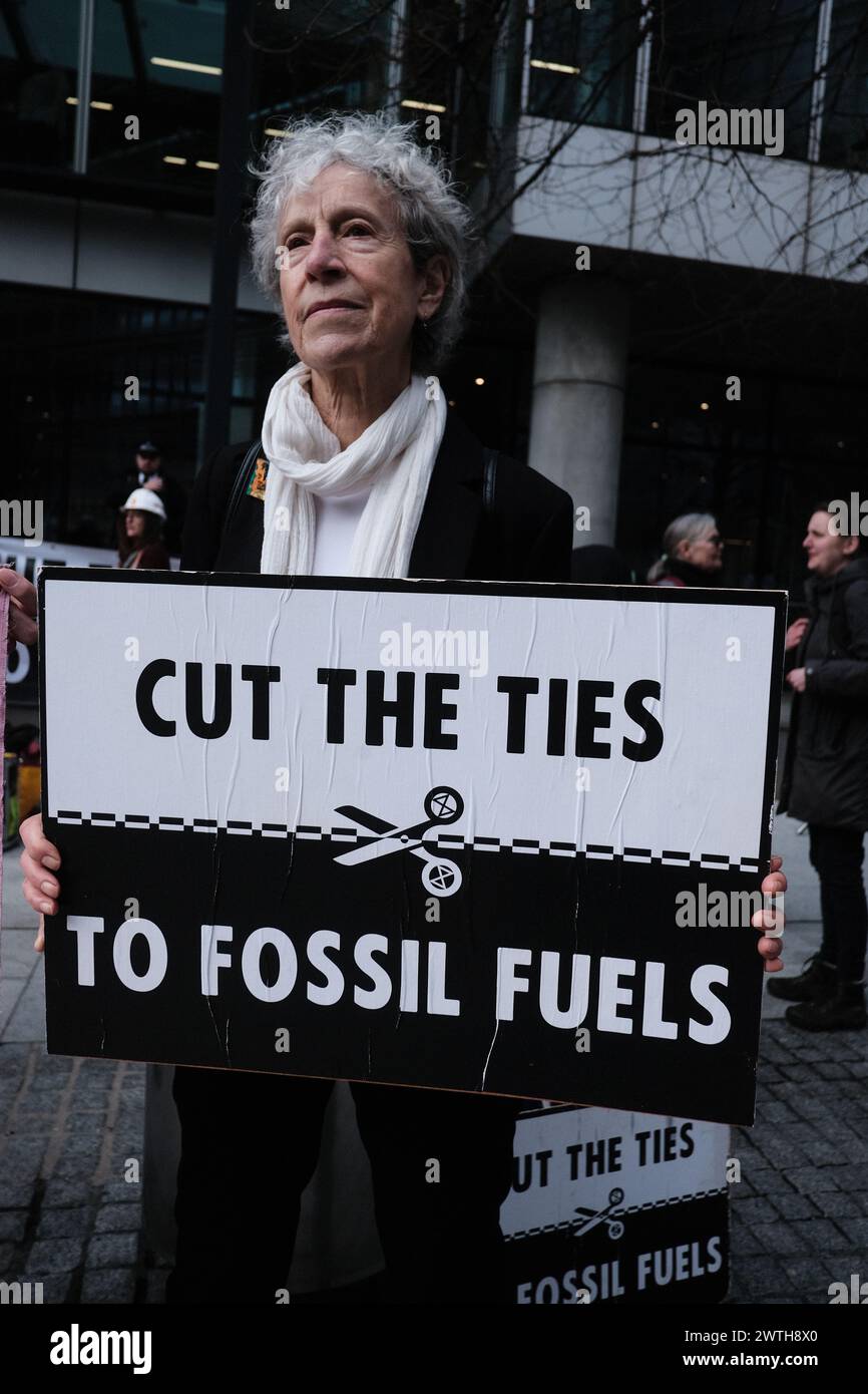 London, UK. 18th Mar, 2024. The “Cut The Ties To Fossil Fuels” action, organised by Extinction Rebellion (XR). XR activists targets GB news for not telling the truth about climate change and the fossil fuel industry, advocating for an urgent transition to renewable energy. Credit: Joao Daniel Pereira/Alamy Live News Stock Photo