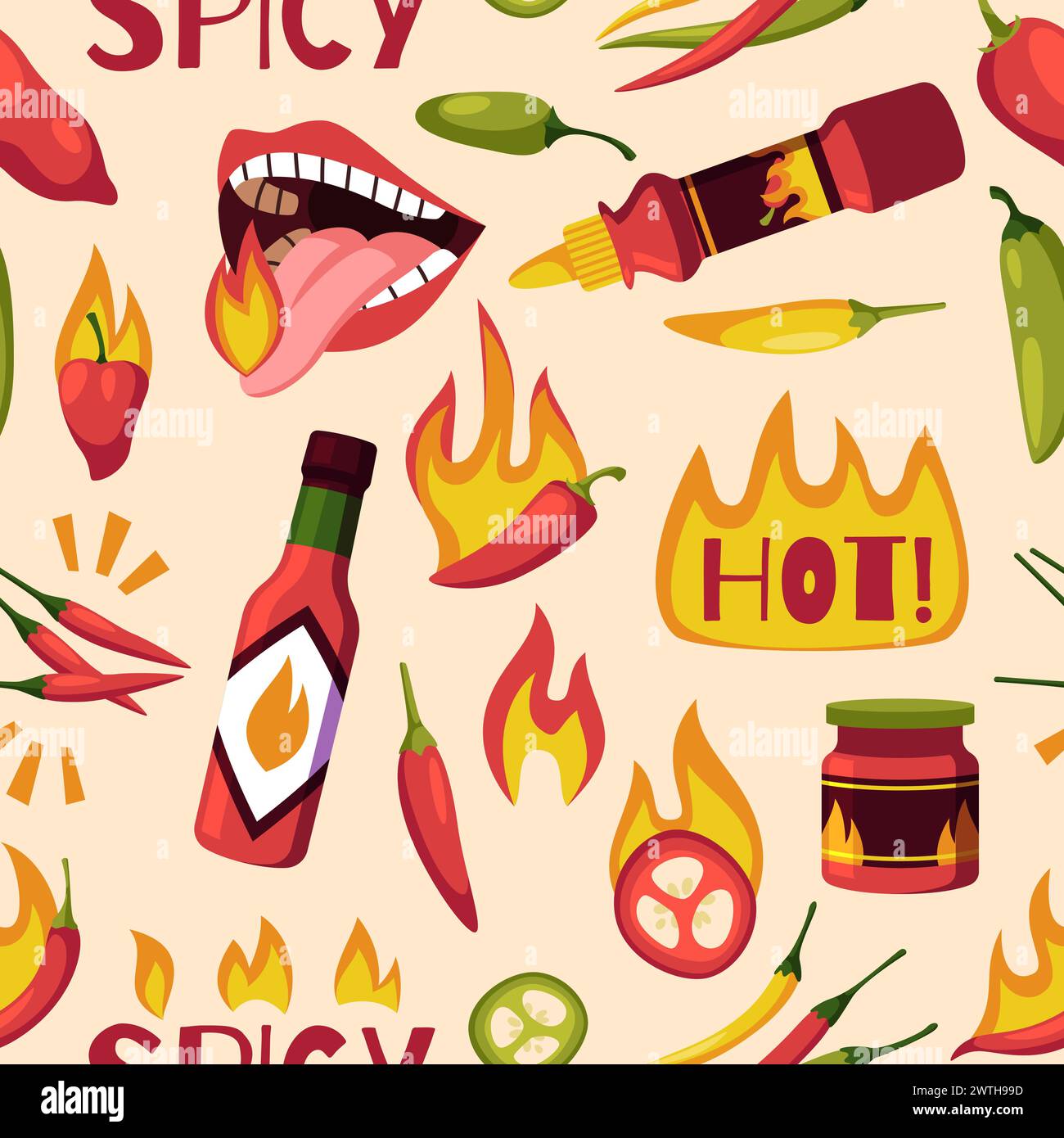 Hot pepper seamless pattern. Repeated chilli elements, mexican spicy