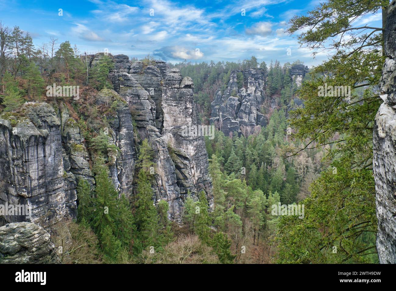 Rugged rocks on the Basteibridge. Wide view over trees and mountains. National park in Germany Stock Photo