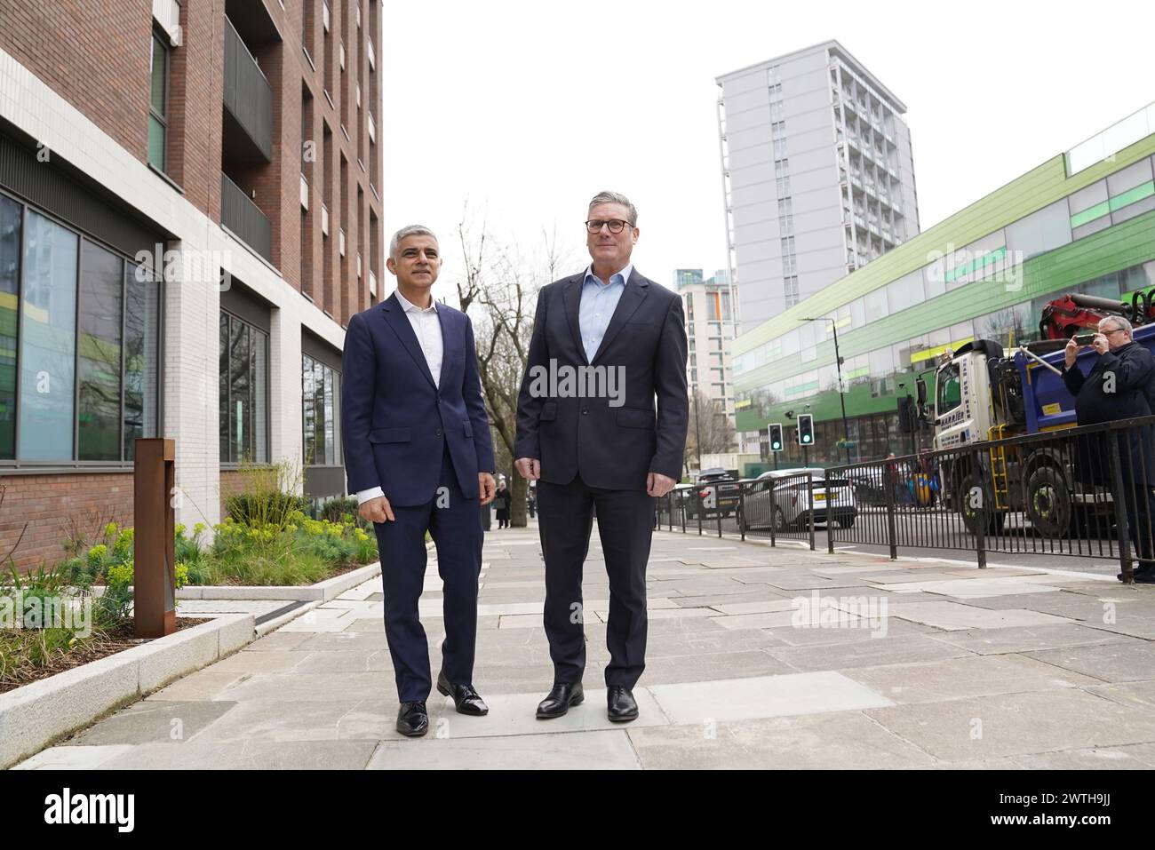 Mayor of London Sadiq Khan (left) with Labour Party leader Sir Keir Starmer, as he launches his re-election campaign in West London, with promise to deliver 40,000 new council homes for Londoners. Picture date: Monday March 18, 2024. Stock Photo