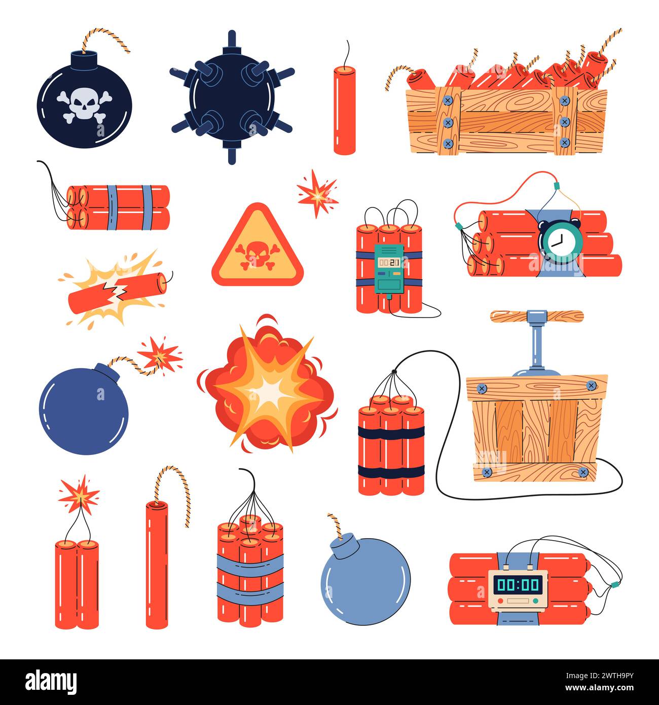 Explosives types. Cartoon dynamite and bombs, weapons of mass destruction, detonators, timers, smoldering wicks, military danger, tnt with burning Stock Vector