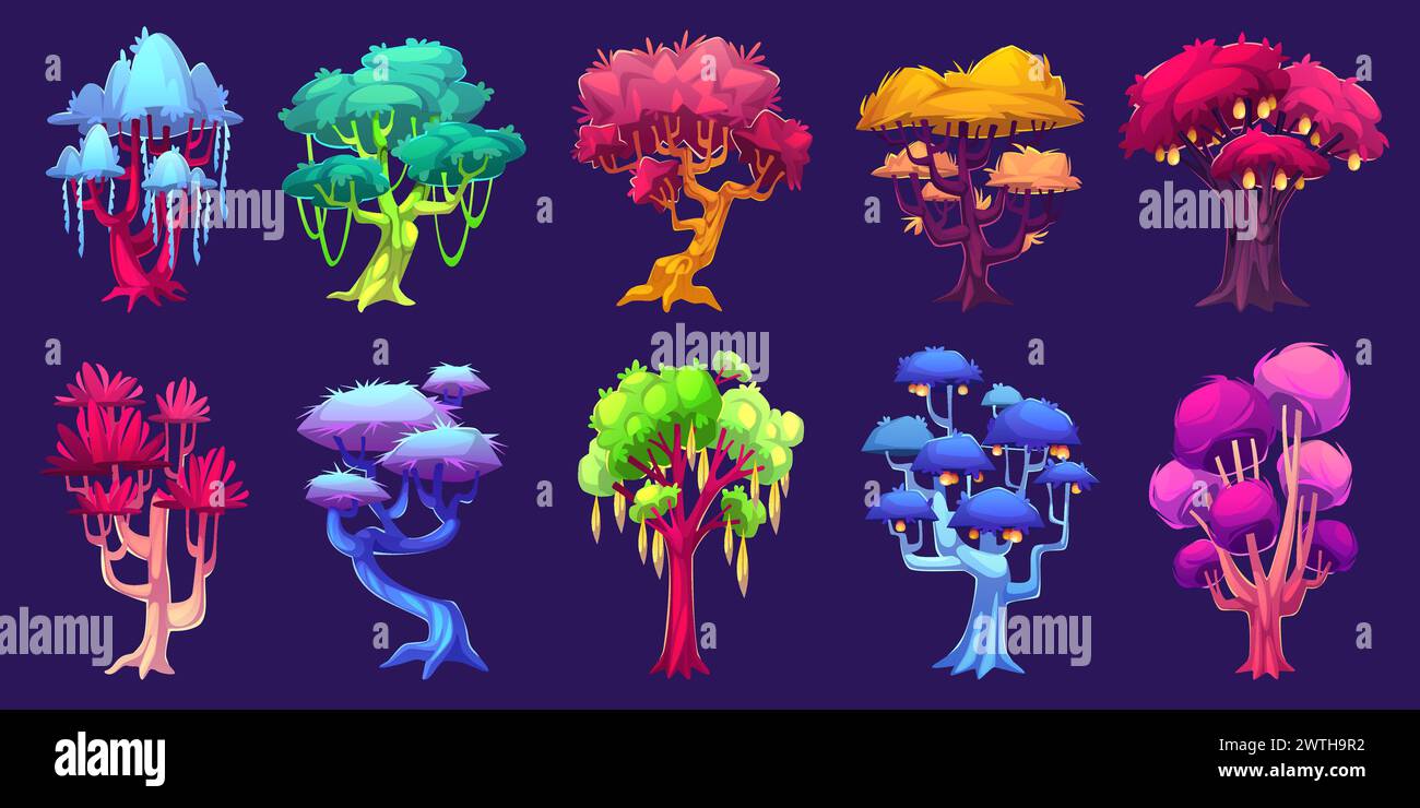 Fantasy trees. Magic forest plants, luminous glowing garden elements ...