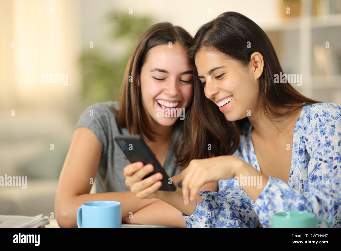 Happy women checking online content on phone and laughing at home Stock Photo