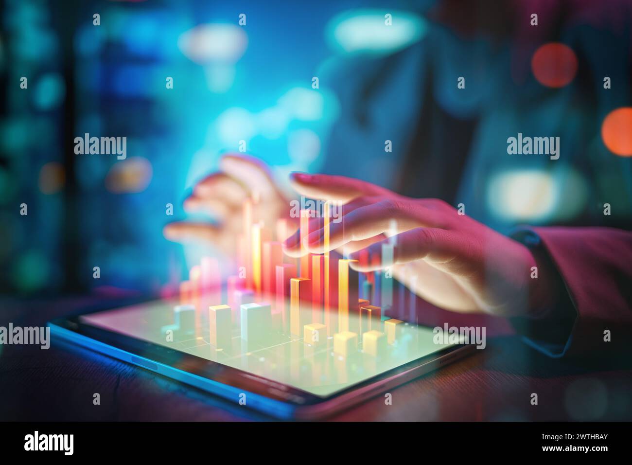 Office woman with tablet pc. Stock market changes, business chart. Stock Photo