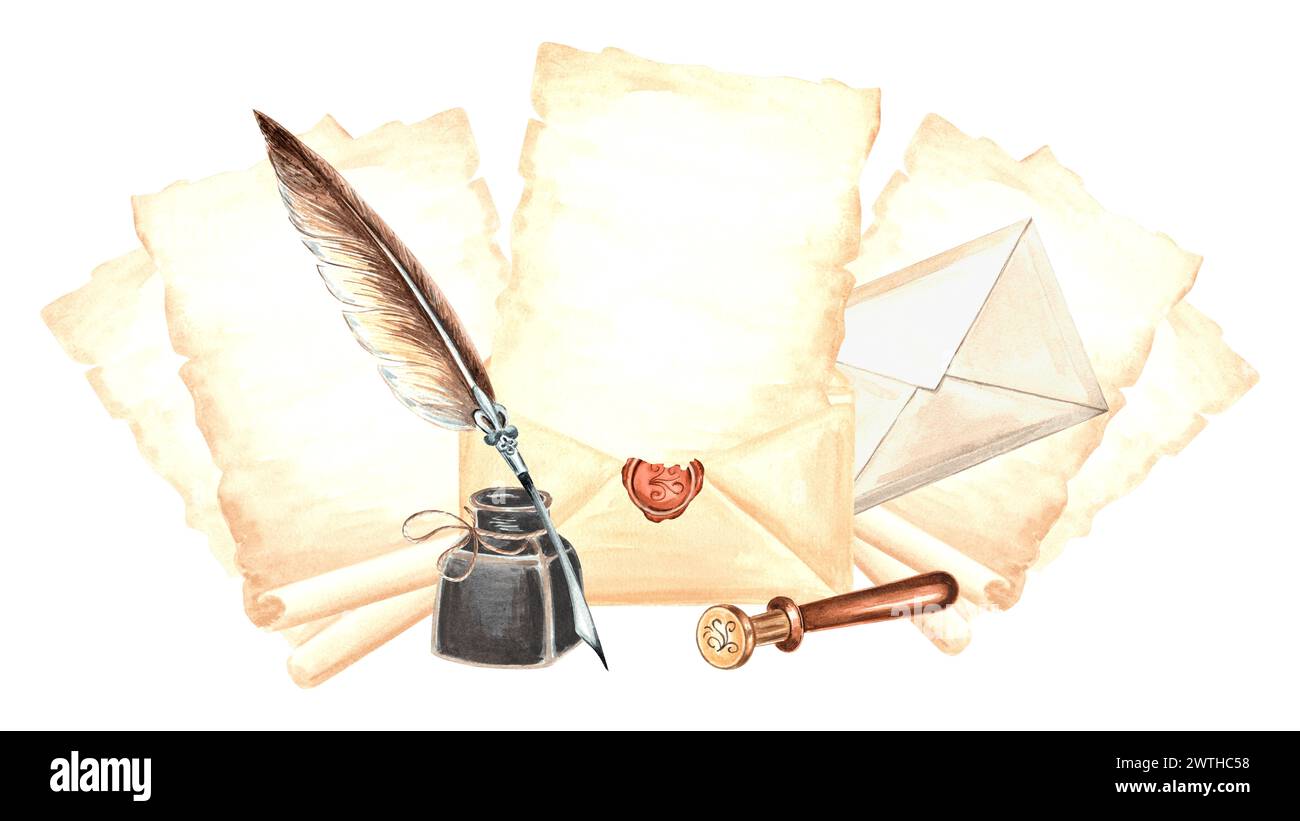 Sheets of parchment paper and envelop, feather pen with inkwel, wax