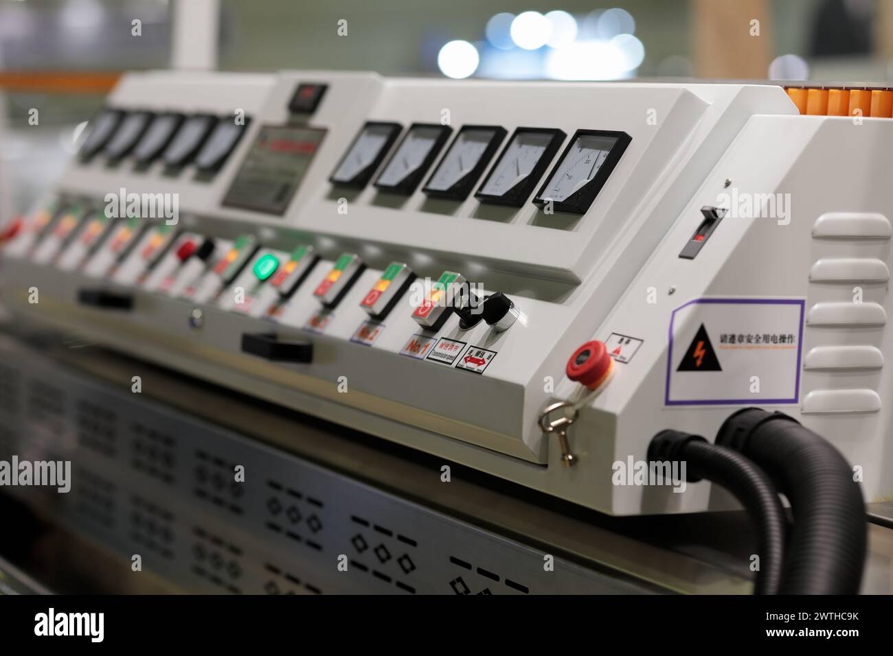 Control panel of industrial mirror glass making machine. Selective focus. Stock Photo