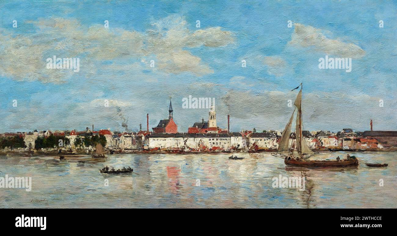 Eugène Boudin, The Quay at Antwerp, landscape painting in oil on panel, 1874 Stock Photo