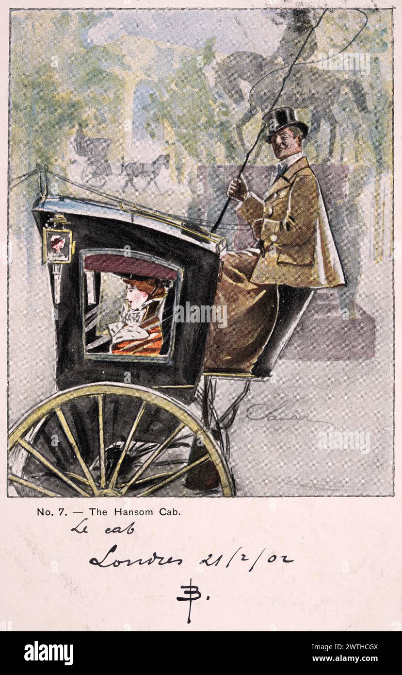 Edwardian British postcard, The Hansom Cab driver, Familiar Figures of London, Robert Sauber, 1900s Stock Photo
