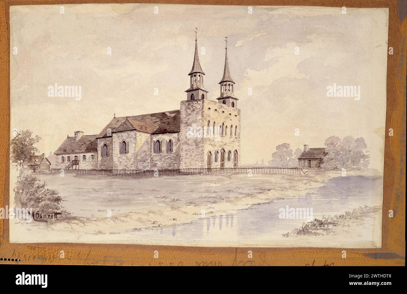 Watercolour - Church at edge of stream, 1885-1889 Henry Richard S. Bunnett (1845-1910) Stock Photo