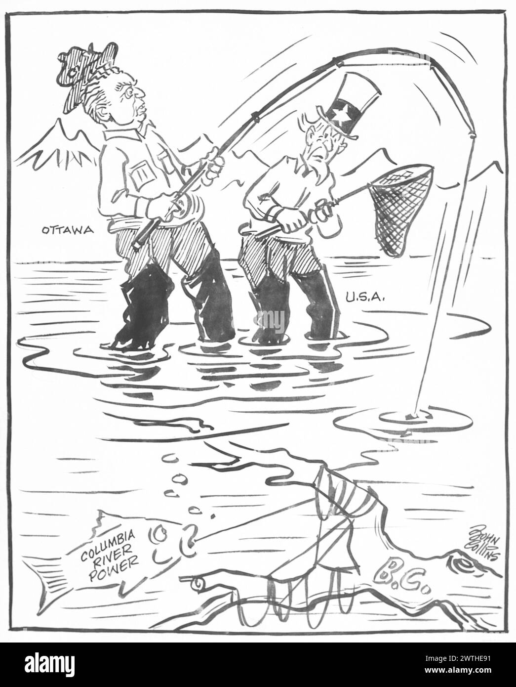 Cartoon - The Angler Strikes a Snag. John Collins (1917-2007) Stock Photo
