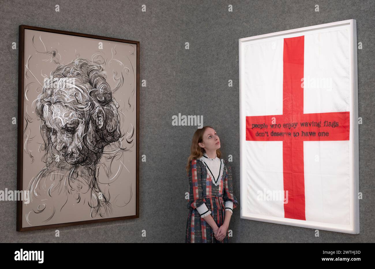 Bonhams, London, UK. 18th Mar, 2024. Bonhams Post War and Contemporary Art sale takes place on 21 March. Highlights include: (left) Glen Brown CBE, (b. 1966), The Music of the Mountains, 2016. India ink and acrylic on panel. Estimate £100,000-150,000; (right() Banksy (b. 1975), People Who Enjoy Waving Flags Don't Deserve To Have One, 2003. Spray paint on found St. George's Cross Flag. Estimate £200,000-300,000. Credit: Malcolm Park/Alamy Live News Stock Photo