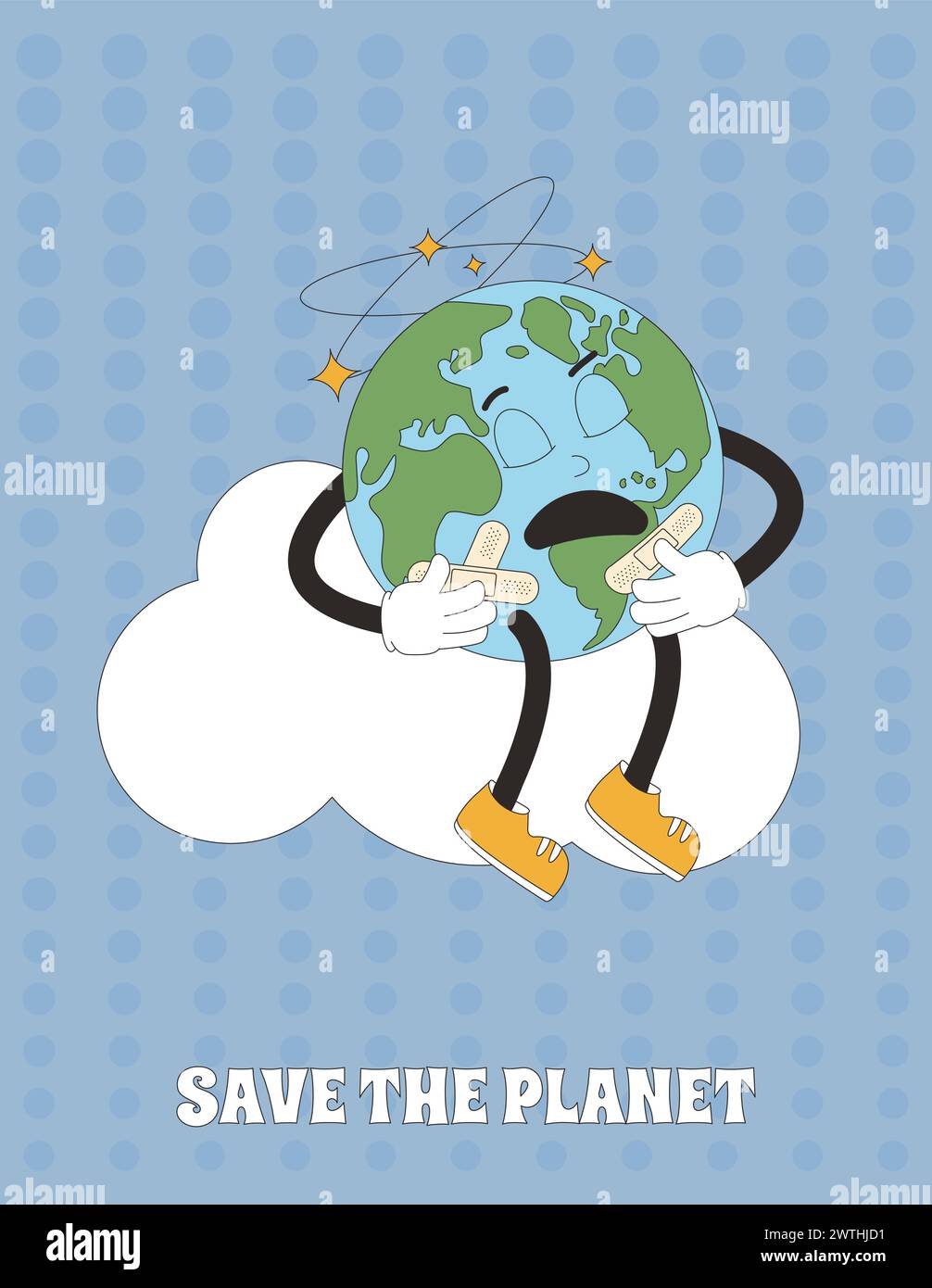 Sick Earth sitting on cloud retro mascot. Hurt planet cartoon character. Climate change and ecological problems. Vector flat illustration. Stock Vector