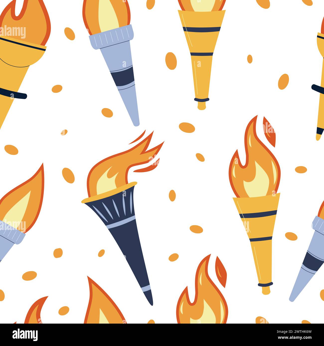 Torches with burning flame seamless pattern. Symbol of sport, games, victory and champion competition endless background. Vector flat illustration rep Stock Vector