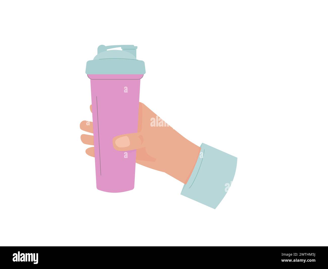 Water bottle in hand. Sport shaker for protein gym. Vector flat illustration isolated on white background. Stock Vector